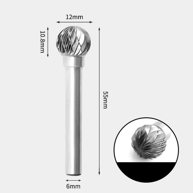 Fraise rotative en forme de boule ronde en carbure de tungstène, double coupe, 12x10mm