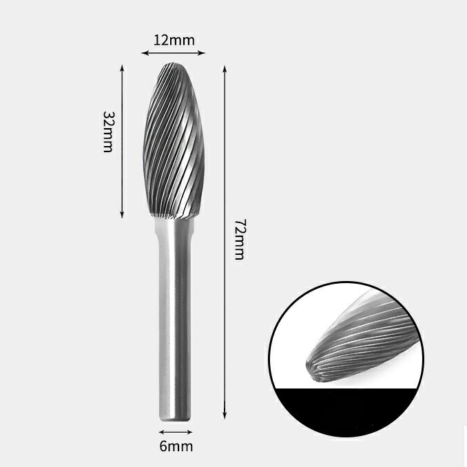 Fraise rotative en forme de flamme en carbure de tungstène, coupe unique 12 x 32 mm