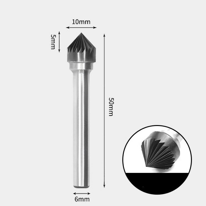Fraise rotative à angle inclus de 90 degrés en carbure de tungstène, coupe unique, 10 x 5 mm