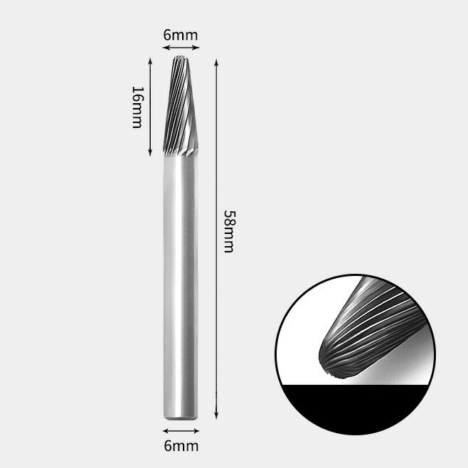 Tungsten Carbide Cone Radius End Rotary Burr Single-cut 6 x 16mm