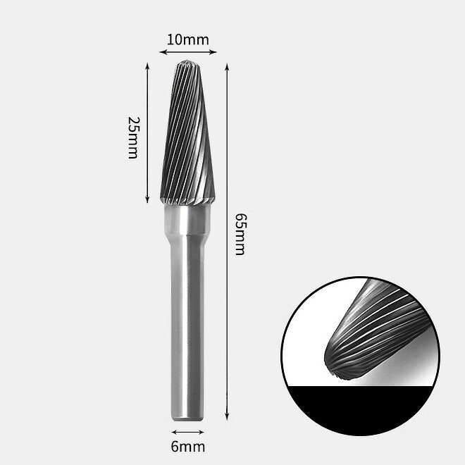 Tungsten Carbide Cone Radius End Rotary Burr Single-cut 10 x 25mm