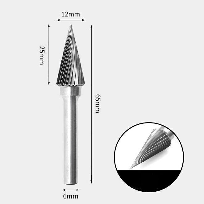 Tungsten Carbide Pointed Cone Rotary Burr Single-cut 12 x 25mm