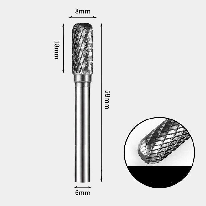 Tungsten Carbide Cylindrical Radius Flat End Rotary Burr Double-cut 8 x 18mm