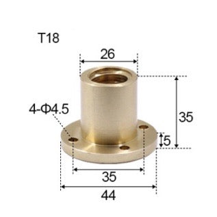 T18 x 4 x 4mm Trapezoidal Thread Flange Brass Nut