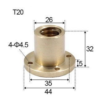 T20 x 4 x 8mm Trapezoidal Thread Flange Brass Nut
