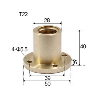 T22 x 5 x 5mm Trapezoidal Thread Flange Brass Nut