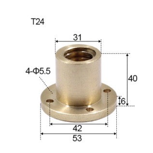 T24 x 5 x 5mm Trapezoidal Thread Flange Brass Nut