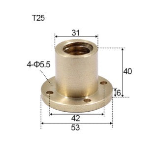 T25 x 5 x 5mm Trapezoidal Thread Flange Brass Nut