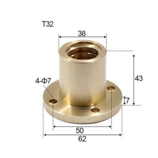 T32 x 6 x 6mm Trapezoidal Thread Flange Brass Nut