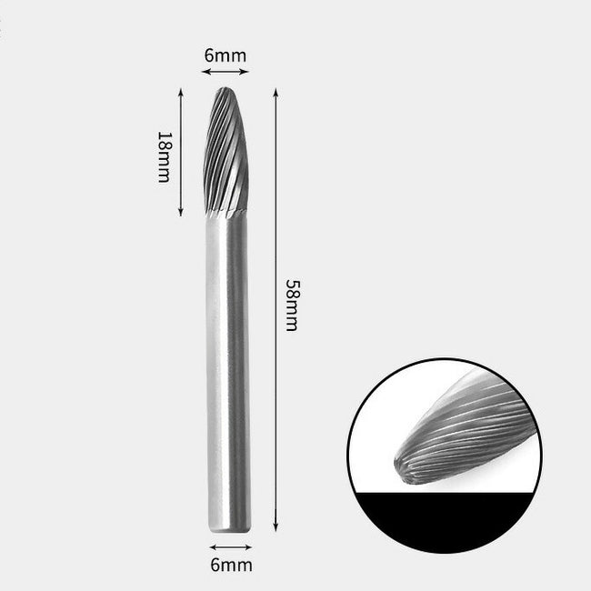 Fraise rotative en forme de flamme en carbure de tungstène, coupe unique 6 x 18 mm