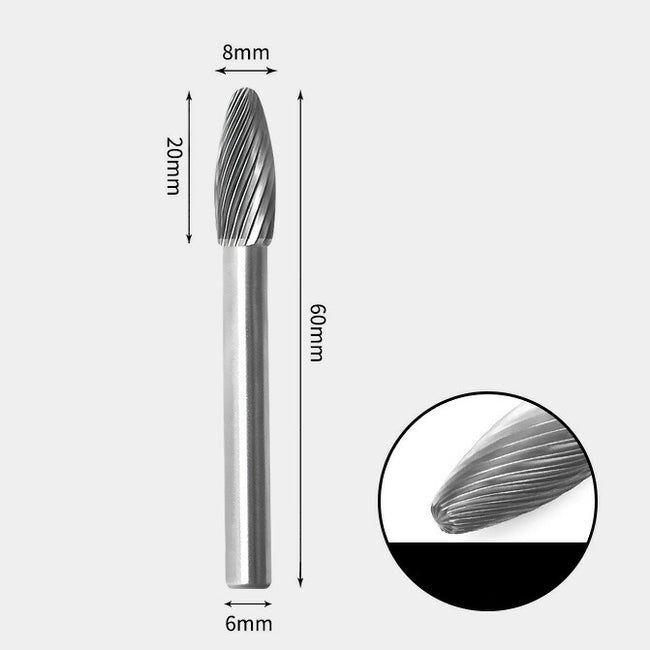 Fraise rotative en forme de flamme en carbure de tungstène, coupe unique 8 x 20 mm