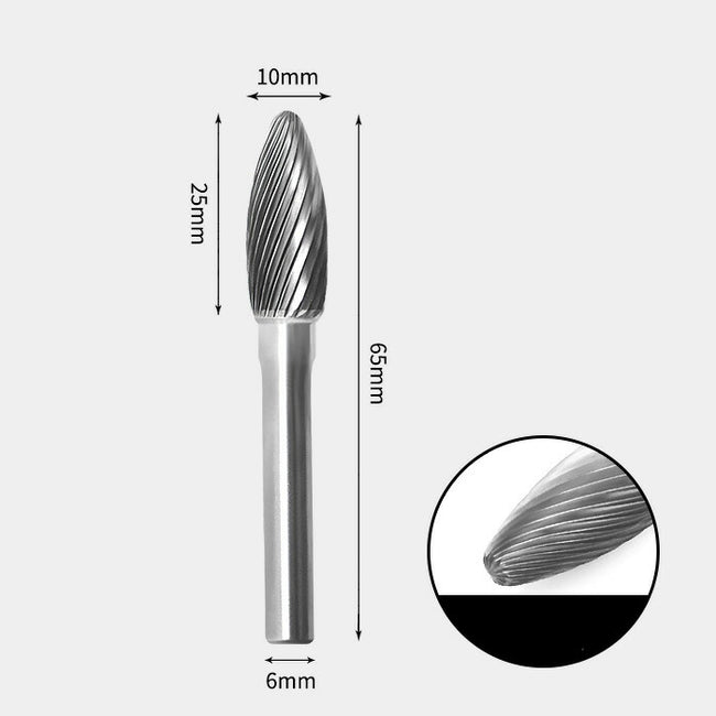 Fraise rotative en forme de flamme en carbure de tungstène, coupe unique, 10 x 25 mm