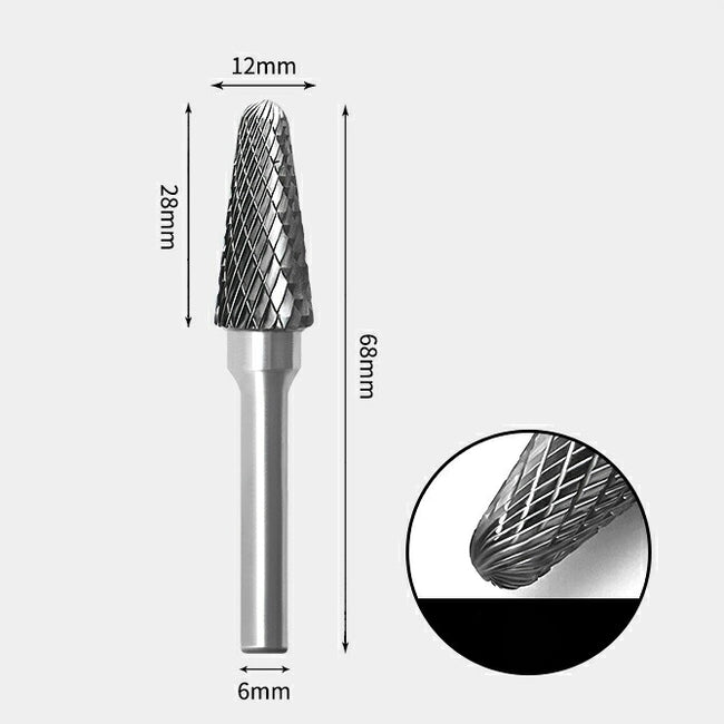 Tungsten Carbide Cone Radius End Rotary Burr Double-cut 12 x 28mm