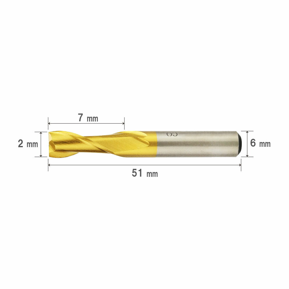 Cutting Diameter 2mm Overall Length 51mm 2 Flute HSS Cobalt End Mill Cutter