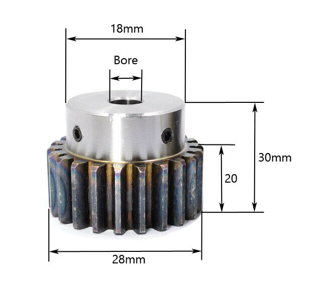 Module 2 Spur Gear with Hub 12 Teeth Bore 8mm in Steel 1045