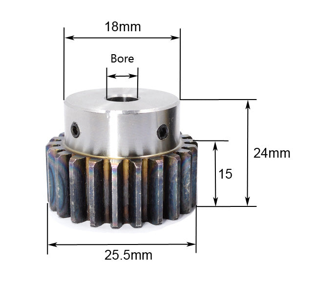 Engrenage droit module 1.5 avec moyeu 15 dents alésage 8mm en acier 1045