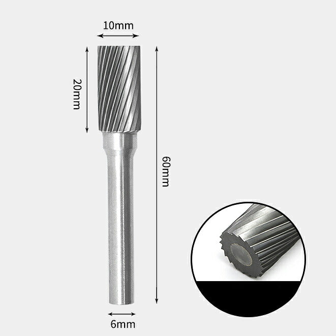 Zylindrischer Rotationsfräser aus Wolframkarbid mit flachem Ende, Einzelschnitt 10 x 20 mm