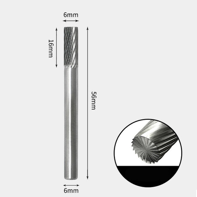 Fraise rotative cylindrique en carbure de tungstène avec coupe en bout, coupe unique 6 x 16 mm