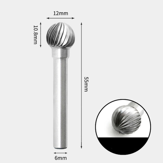 Runder, kugelförmiger Drehfräser aus Wolframcarbid, Einzelschnitt, 12 x 10 mm