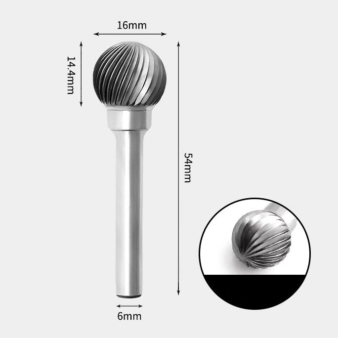 Runder, kugelförmiger Drehfräser aus Wolframkarbid, Einzelschnitt, 16 x 14 mm