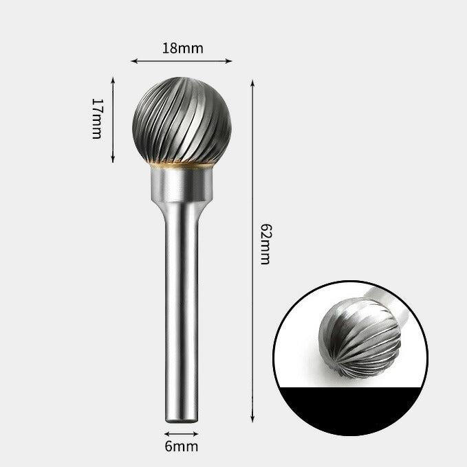 Runder, kugelförmiger Drehfräser aus Wolframkarbid, Einzelschnitt, 18 x 17 mm