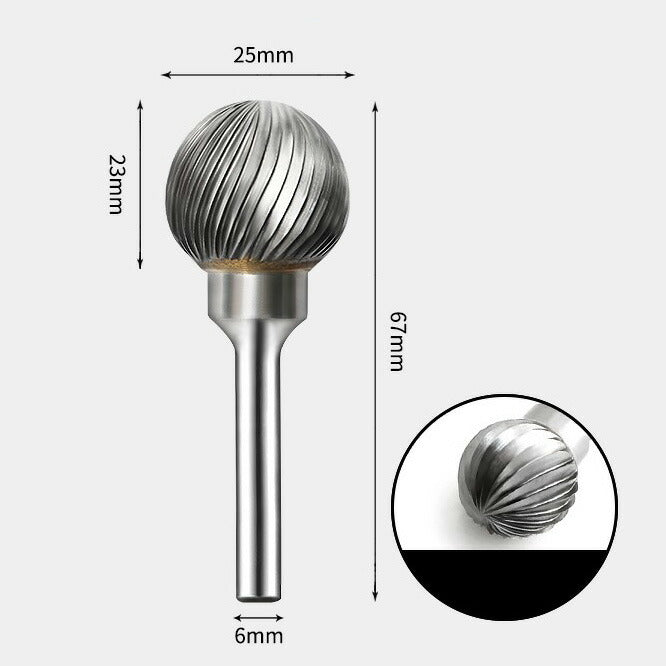 Runder, kugelförmiger Drehfräser aus Wolframcarbid, Einzelschnitt, 25 x 23 mm