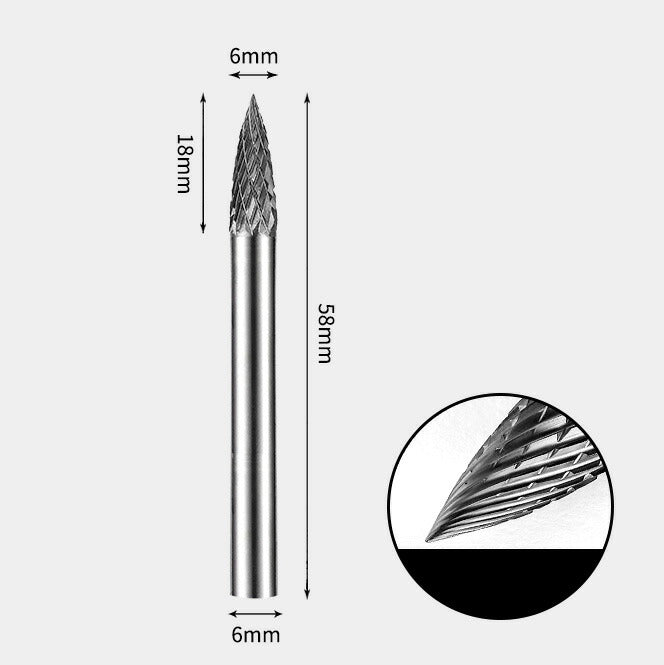 Fraise rotative en carbure de tungstène, arbre pointu, double coupe, 6x18mm