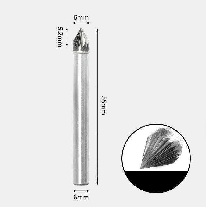 Wolframkarbid, 60 Grad eingeschlossener Winkel, Rotationsfräser, Einzelschnitt, 6 x 5 mm