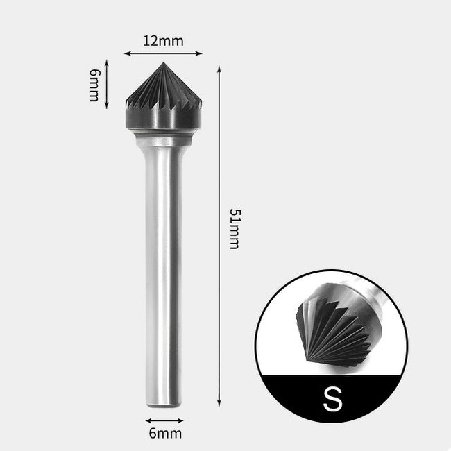 Fraise rotative à angle inclus de 90 degrés en carbure de tungstène, coupe unique, 12 x 6 mm