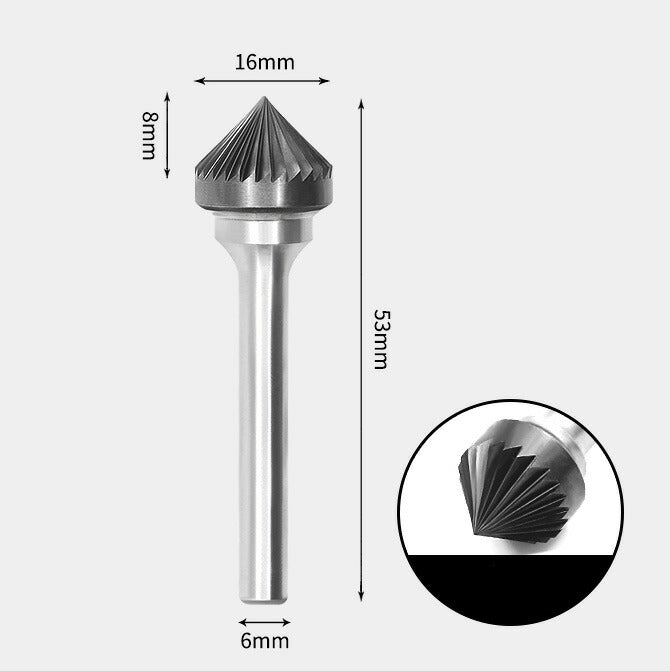 Fraise rotative à angle inclus de 90 degrés en carbure de tungstène, coupe unique, 16 x 8 mm