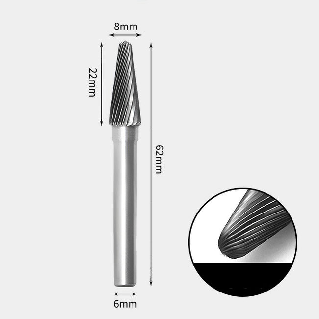 Fraise rotative à extrémité conique en carbure de tungstène, coupe unique, 8x22mm