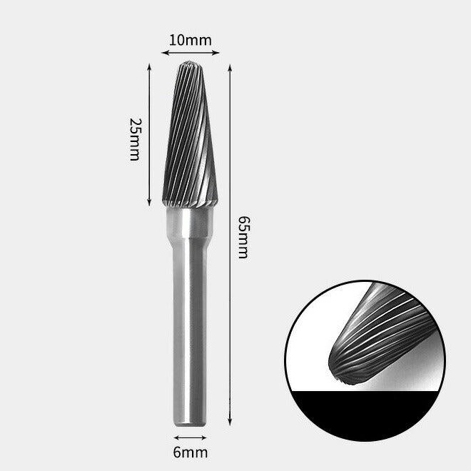 Fraise rotative à extrémité conique en carbure de tungstène, coupe unique, 10 x 25 mm