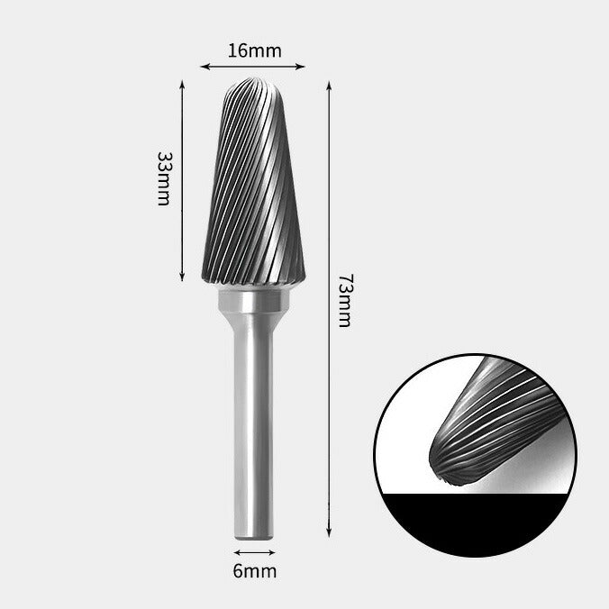 Fraise rotative à extrémité conique en carbure de tungstène, coupe unique, 16 x 33 mm