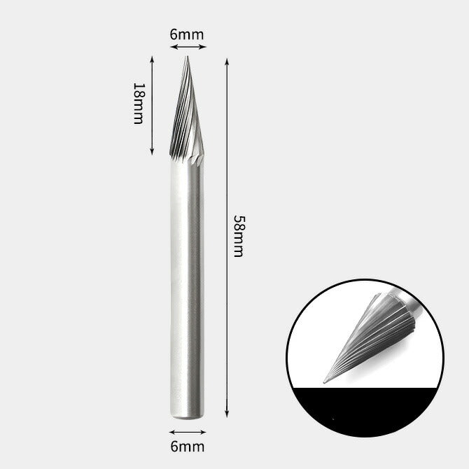 Wolframkarbid-Spitzkegel-Rotationsfräser, Einzelschnitt, 6 x 18 mm