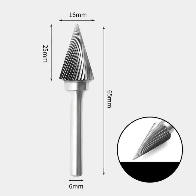 Fraise rotative à cône pointu en carbure de tungstène, coupe unique 16 x 25 mm