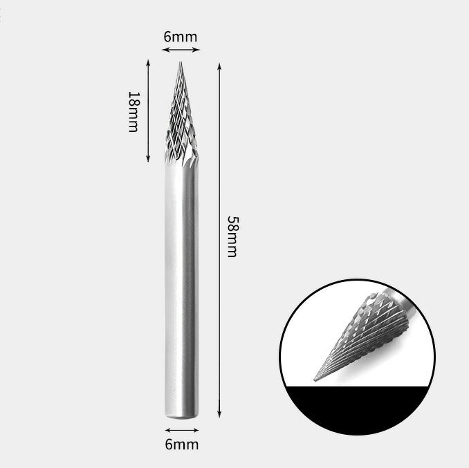 Fraise rotative à cône pointu en carbure de tungstène, double coupe 6 x 18 mm