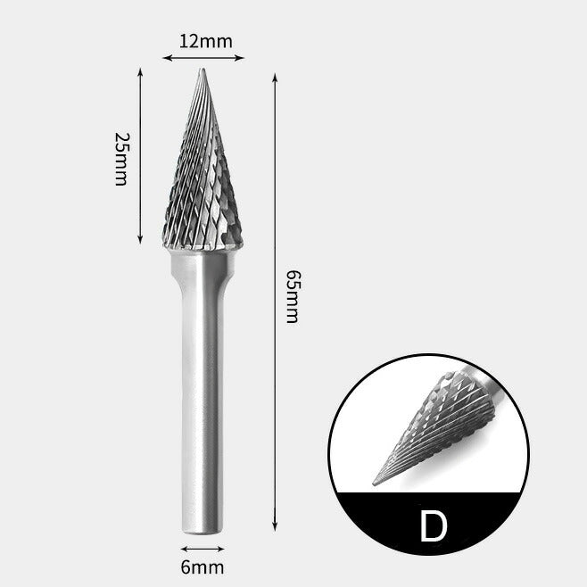 Fraise rotative à cône pointu en carbure de tungstène, double coupe, 12 x 25 mm