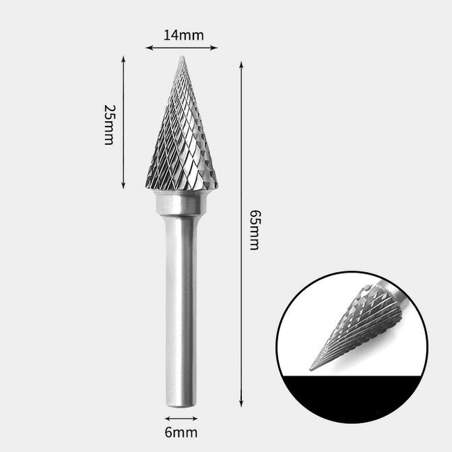Fraise rotative à cône pointu en carbure de tungstène, double coupe, 14 x 25 mm