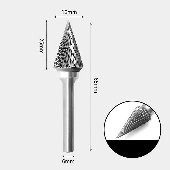 Fraise rotative à cône pointu en carbure de tungstène, double coupe, 16 x 25 mm