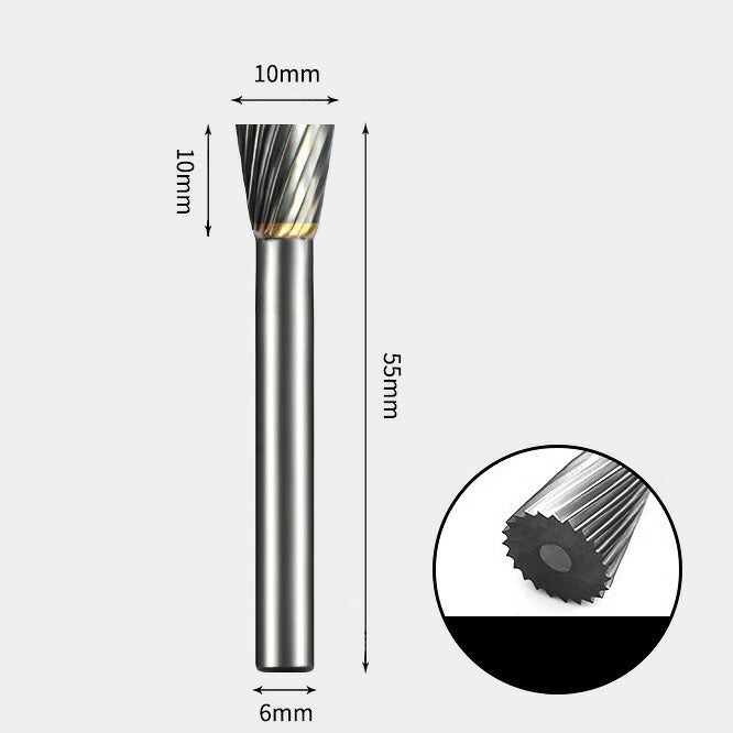 Wolframkarbid-Rotationsfräser mit umgekehrtem Kegel, Einzelschnitt, 10 x 10 mm