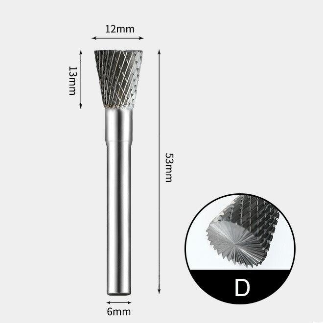 Umgekehrter Kegel aus Wolframkarbid mit Endschliff. Rotationsgrat. Doppelschnitt 12 x 13 mm