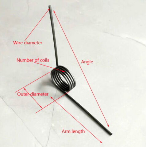 Drahtdurchmesser. 2,0 mm Außendurchmesser 14 mm Spulen, 2 Armlänge, 57 mm Torsionsfeder
