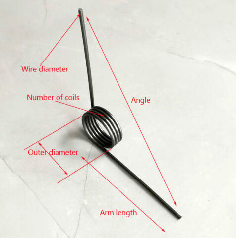 Drahtdurchmesser. 2,5 mm Außendurchmesser. 20 mm Spulen, 6 Armlänge, 57 mm Torsionsfeder