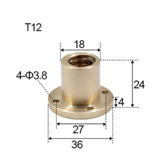 T12 x 2 x 2mm Trapezoidal Thread Flange Brass Nut