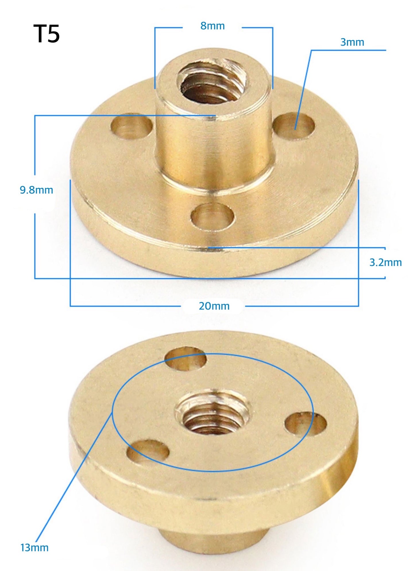 T5 x 1 x 4mm Trapezoidal Thread Flange Brass Nut