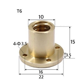 T6 x 1 x 1mm Trapezoidal Thread Flange Brass Nut